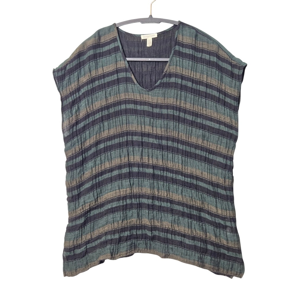Eileen Fisher Organic Cotton Gauze Top S/M Teal Black Stripe Boho Lagenlook